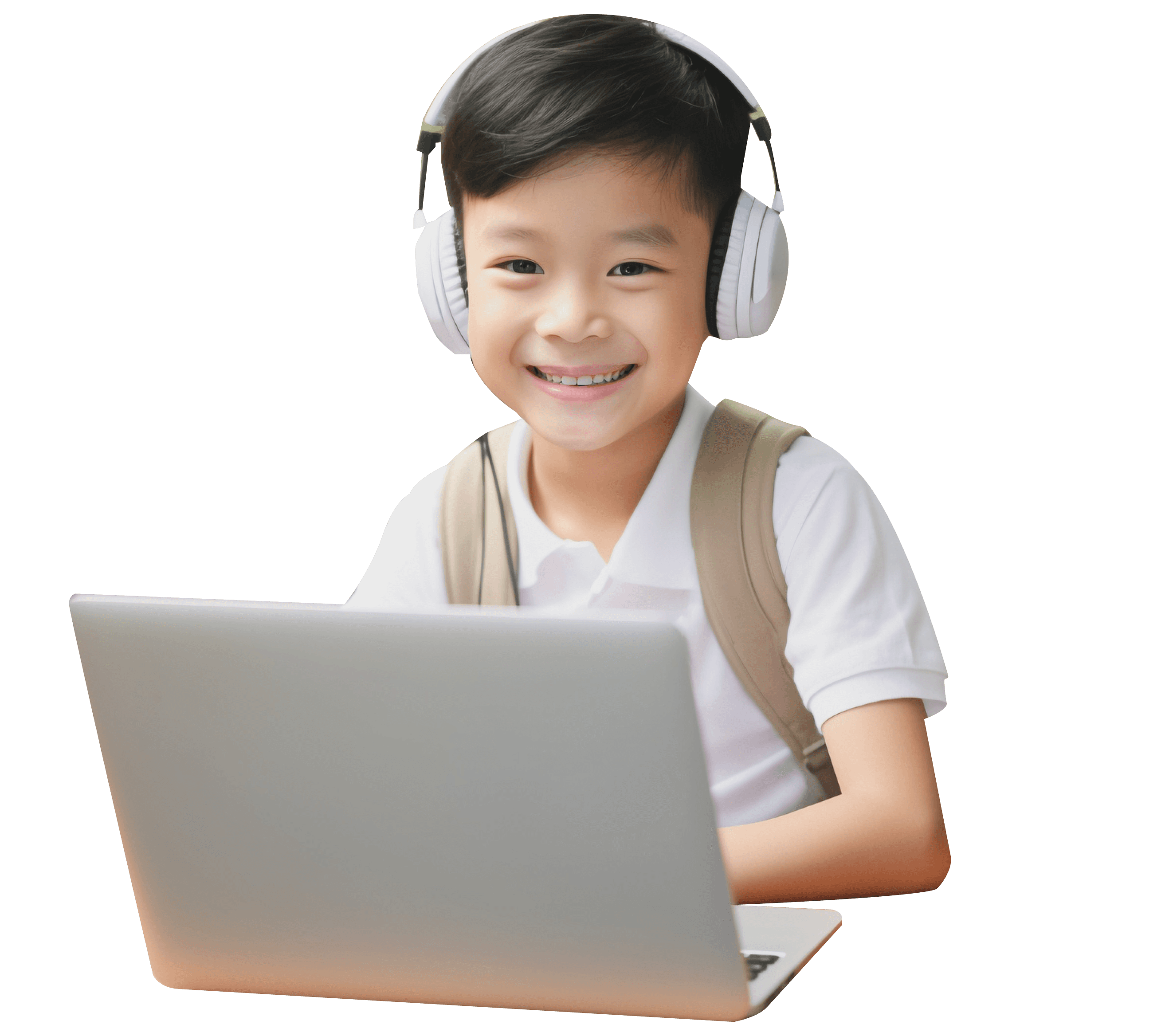 Học sinh đeo tai nghe học trực tuyến với laptop