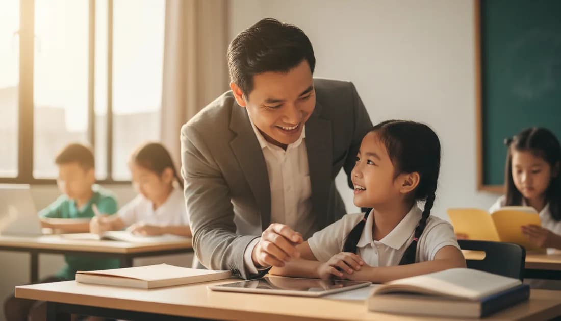 Thầy giáo hướng dẫn học sinh làm bài trong lớp
