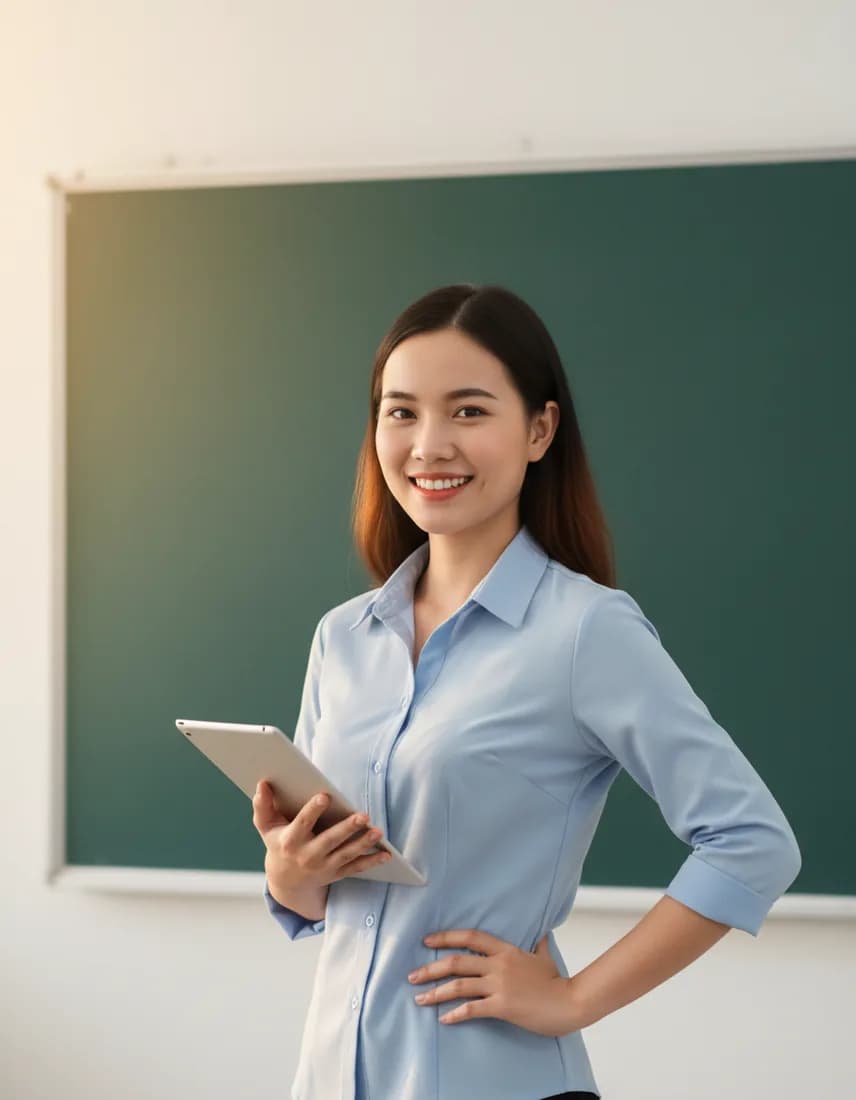 Cô giáo trẻ đứng trước bảng xanh trong lớp học