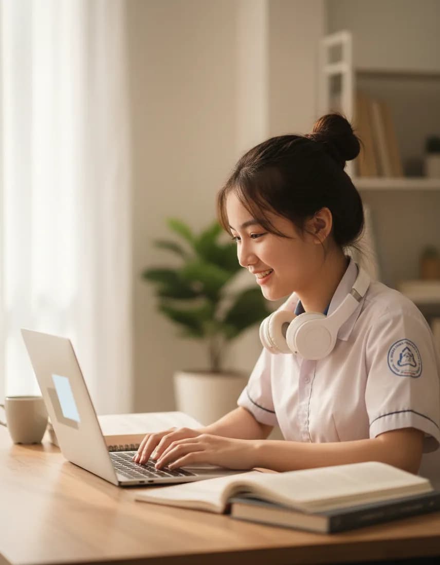 Nữ sinh cấp ba đang làm bài trên máy tính ở nhà