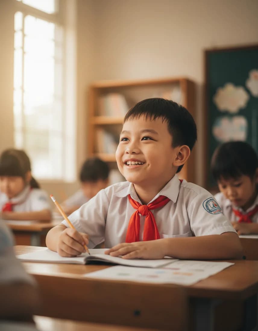 Học sinh tiểu học đeo khăn quàng đỏ đang viết bài