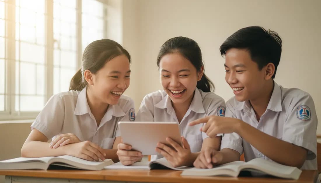 Nhóm học sinh cùng xem bài trên máy tính bảng