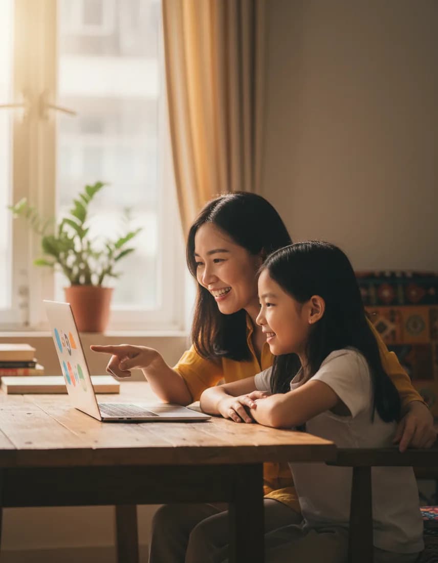 Mẹ và con gái cùng học trên máy tính ở nhà