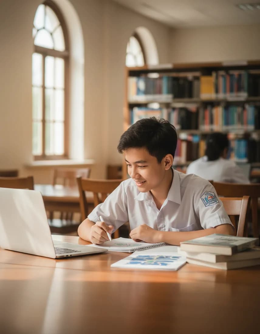 Nam sinh đang giải bài tập trong thư viện