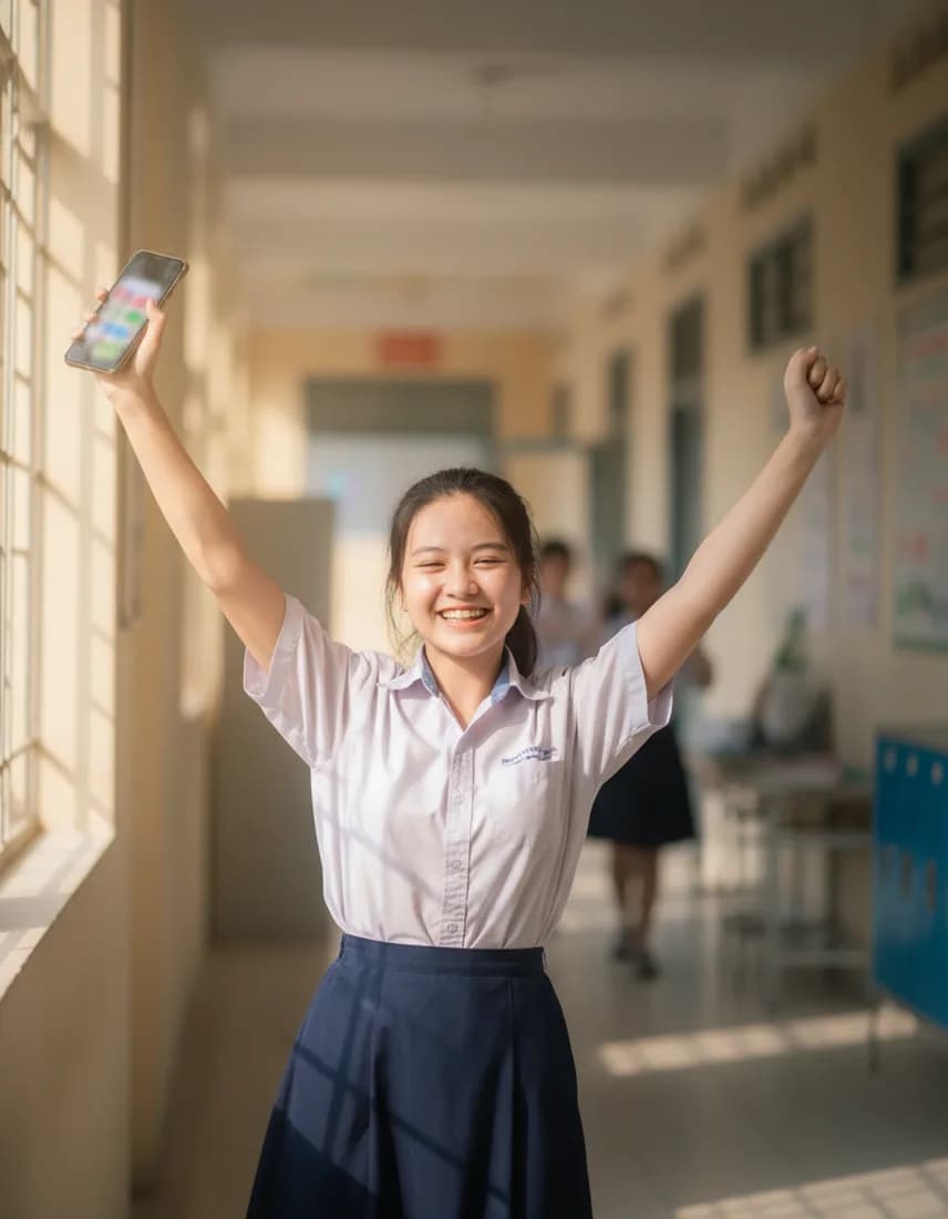 Nữ sinh vui mừng khi xem điểm trên điện thoại